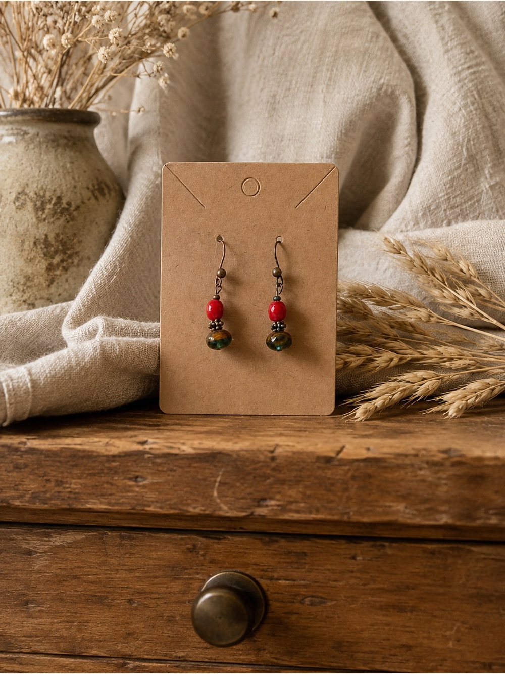 Artisan Boho Red Green Beaded Dangle Earrings Rustic Bronze Tone